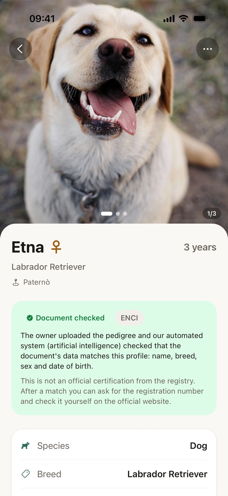 La fiche d’un animal avec le badge Document vérifié